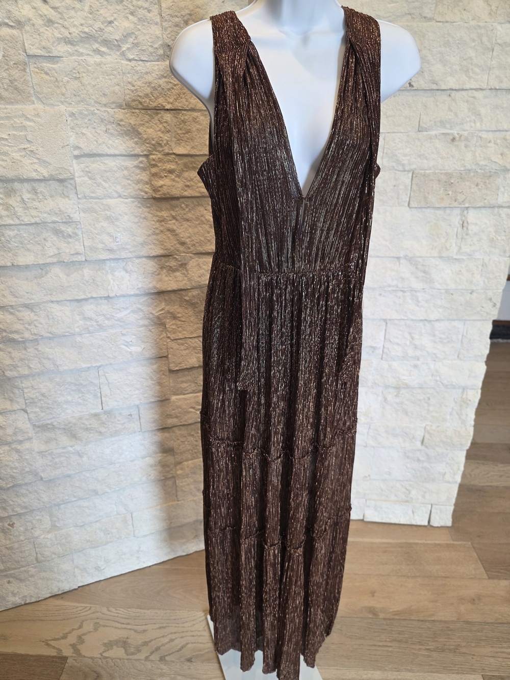 Sabina Musayev Brown Metallic V-Neck Tiered Maxi Dress